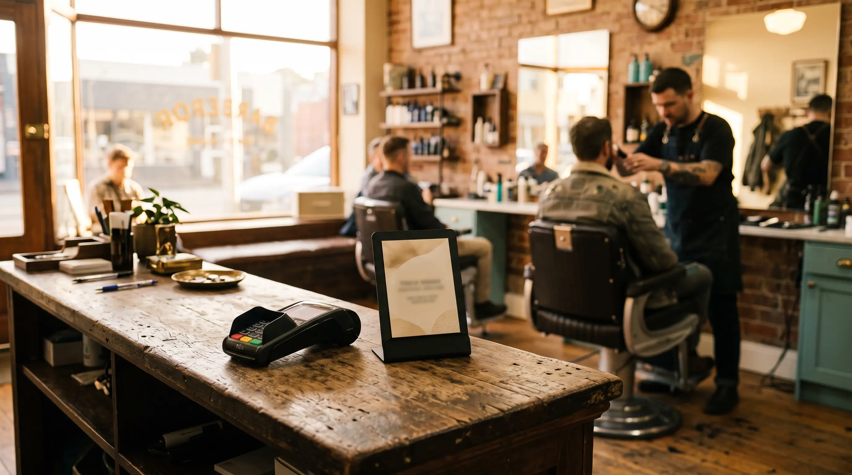 A Tapback stand on a barbershop counter beside the EFTPOS terminal